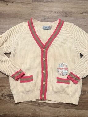 Vintage 80s Forenza Sportwear Womens Med Ivory Pink Heavy Knit Cardigan Sweater
